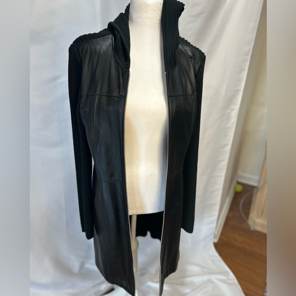 Beautiful gently used INC black leather sweater with a hood and zipper size L - Picture 6 of 13